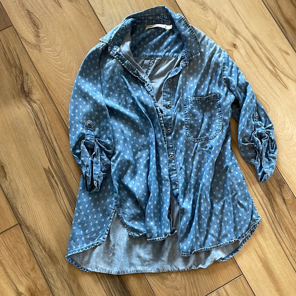 Tunic Length Denim Button Down Shirt - Size M
